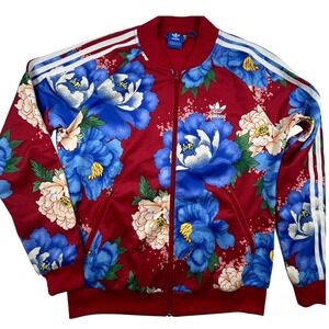 Adidas Original Chita Flora Track Jacket Red Womens Size Medium Trefoil Stripes